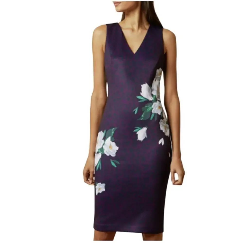 Ted Baker Purple Work V Neck Floral Size 3 8 US Knee Length Animal Office Dress - Picture 1 of 15